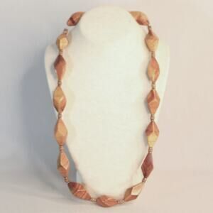 Chunky Wood Bead Opera Necklace Geometric Shapes Hook Clasp